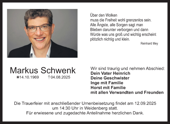Anzeige von Markus Schwenk von Nordbayerischer Kurier