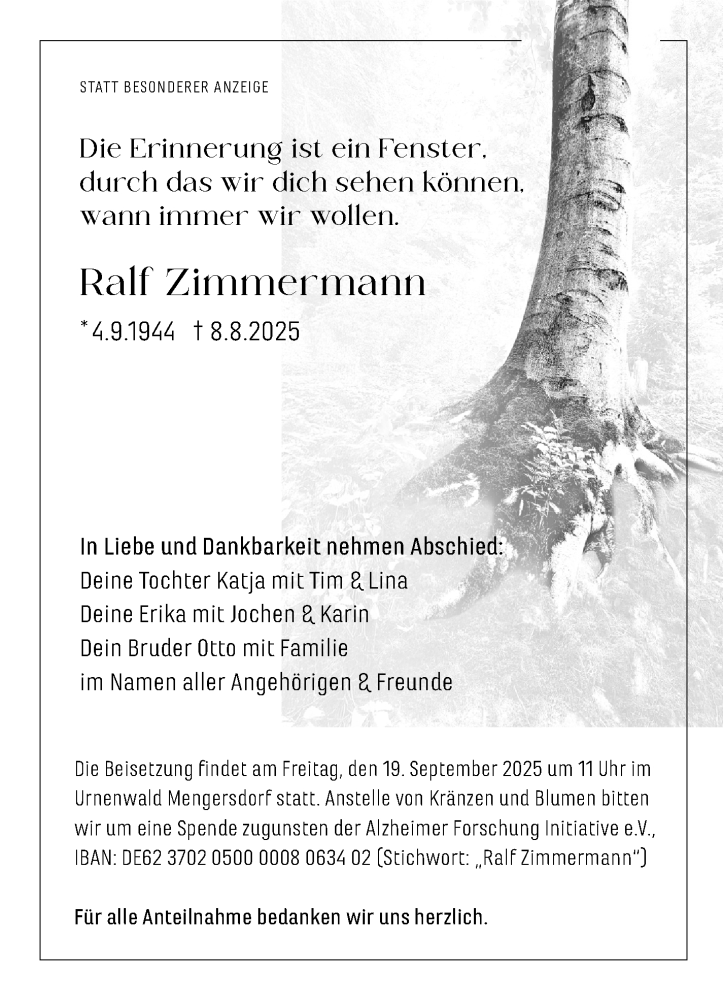  Traueranzeige für Ralf Zimmermann vom 06.09.2025 aus Nordbayerischer Kurier