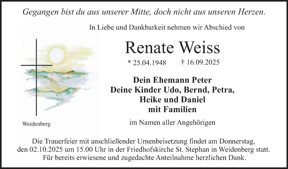  Traueranzeige für Renate Weiss vom 27.09.2025 aus Nordbayerischer Kurier