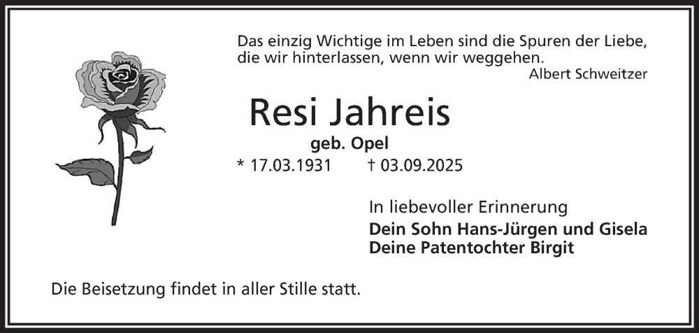  Traueranzeige für Resi Jahreis vom 13.09.2025 aus Nordbayerischer Kurier