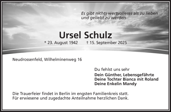 Anzeige von Ursel Schulz von Nordbayerischer Kurier