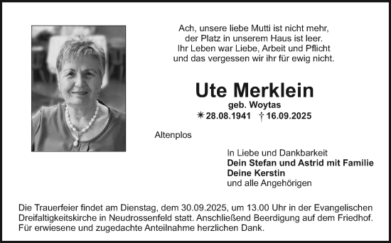 Anzeige von Ute Merklein von Nordbayerischer Kurier