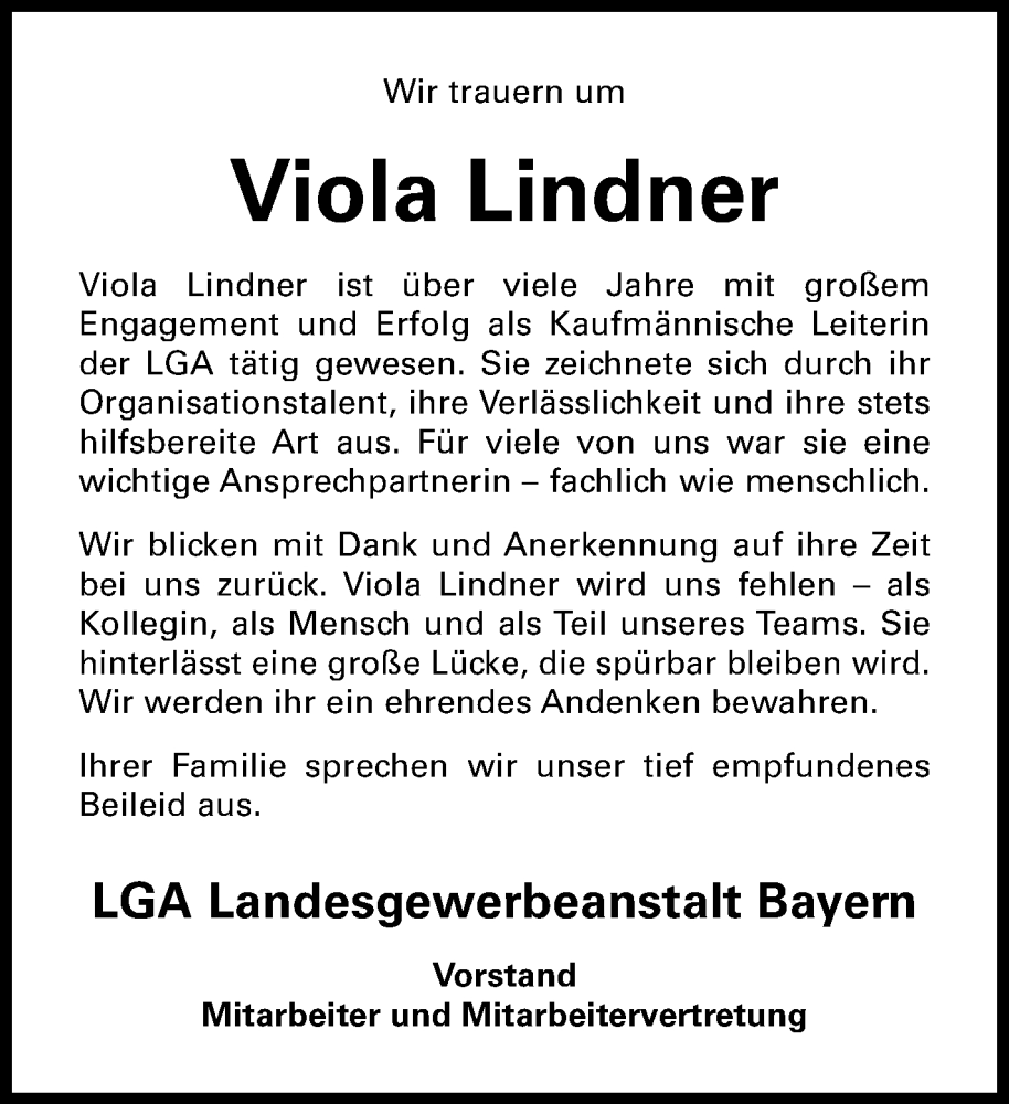  Traueranzeige für Viola Lindner vom 20.09.2025 aus Nordbayerischer Kurier