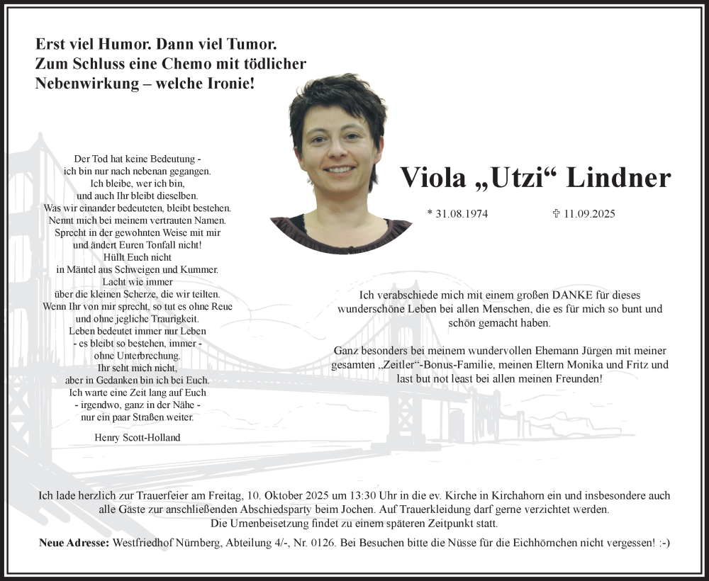  Traueranzeige für Viola Lindner vom 20.09.2025 aus Nordbayerischer Kurier