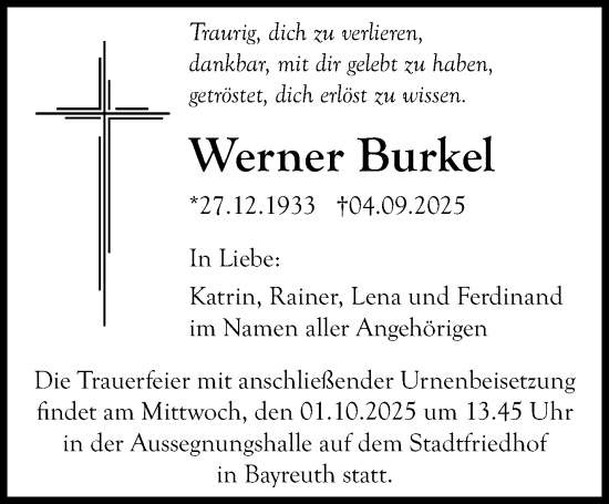 Anzeige von Werner Burkel von Nordbayerischer Kurier