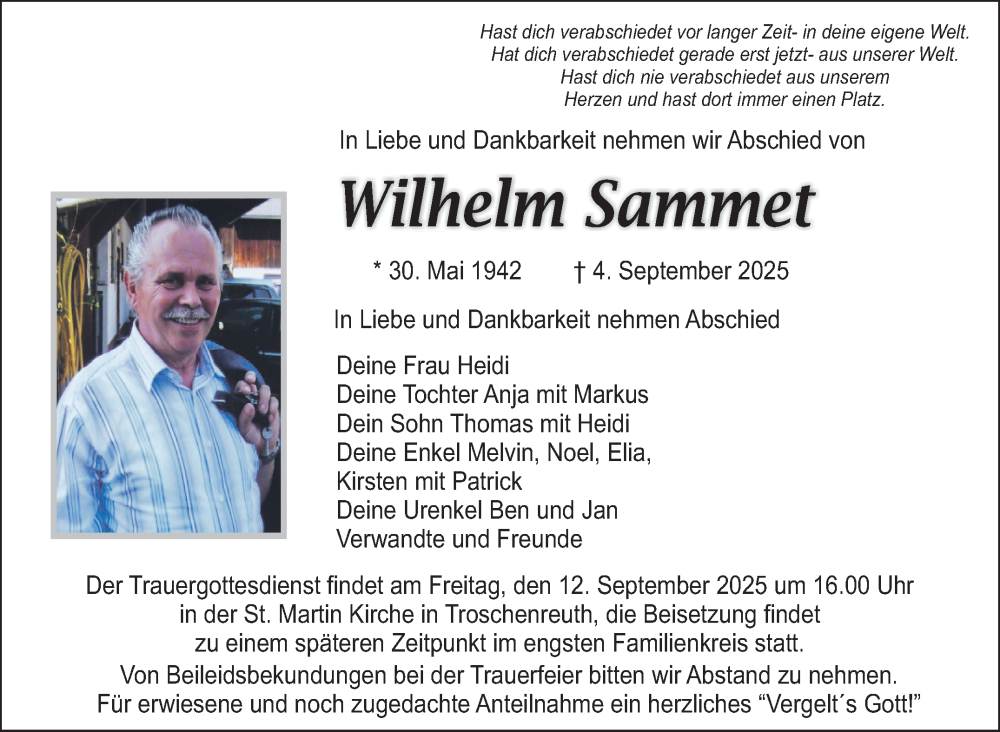  Traueranzeige für Wilhelm Sammet vom 10.09.2025 aus Nordbayerischer Kurier