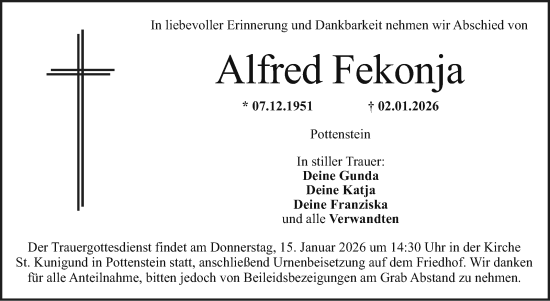 Anzeige von Alfred Fekonja von Nordbayerischer Kurier