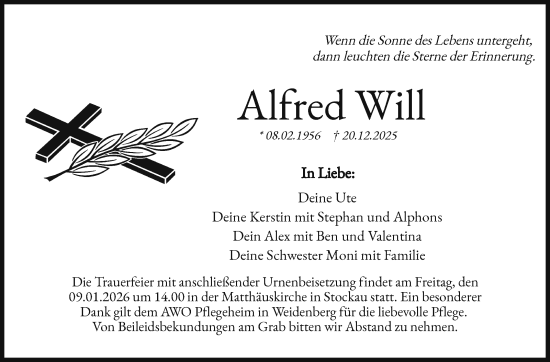 Anzeige von Alfred Will von Nordbayerischer Kurier