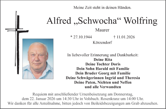 Anzeige von Alfred Wolfring von Nordbayerischer Kurier