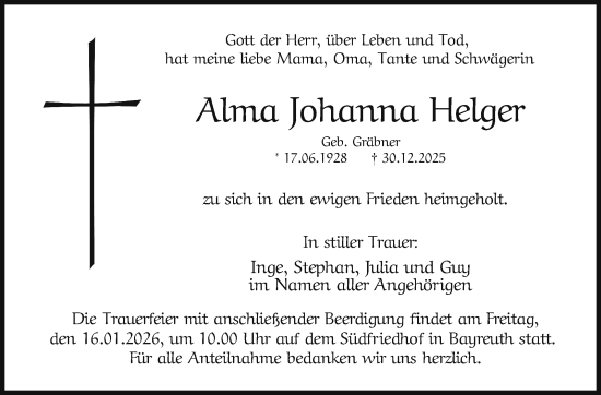 Anzeige von Alma Johanna Helger von Nordbayerischer Kurier