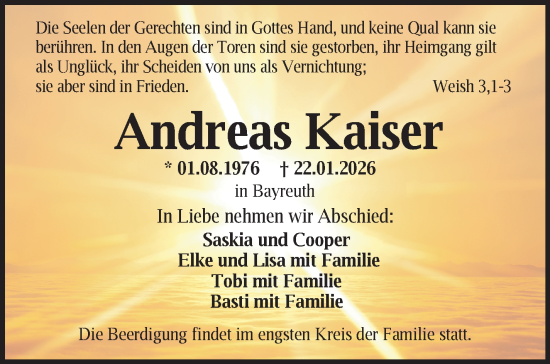 Anzeige von Andreas Kaiser von Nordbayerischer Kurier