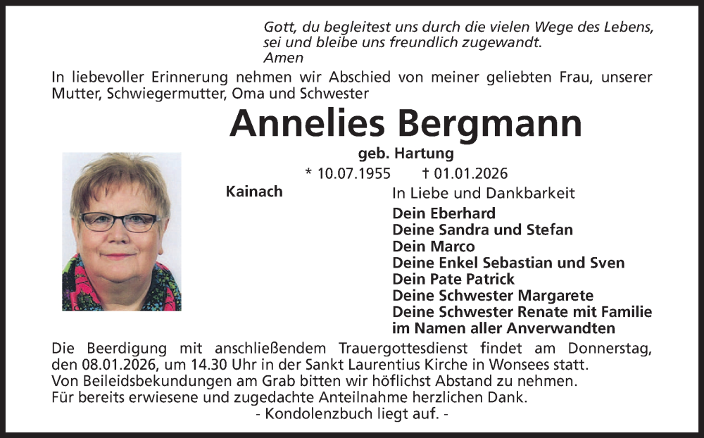  Traueranzeige für Annelies Bergmann vom 03.01.2026 aus Nordbayerischer Kurier