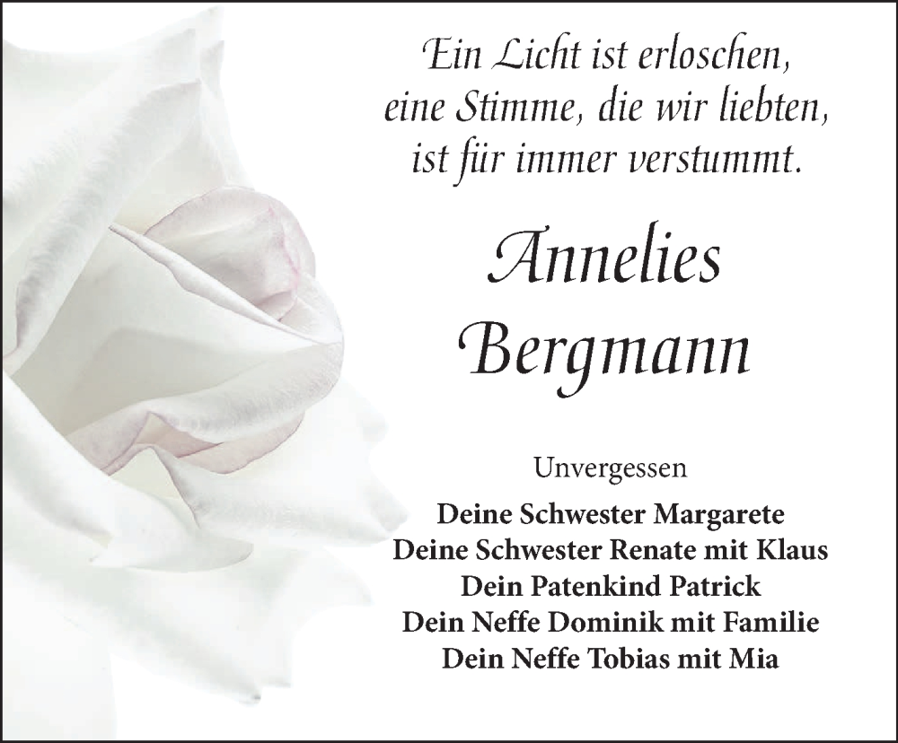  Traueranzeige für Annelies Bergmann vom 03.01.2026 aus Nordbayerischer Kurier