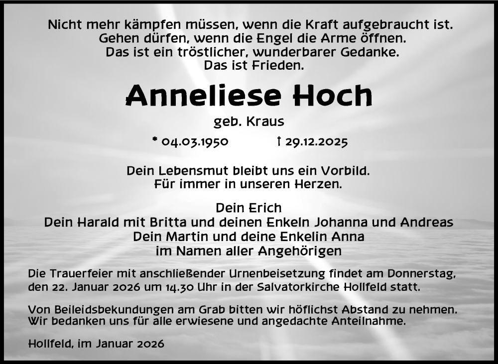  Traueranzeige für Anneliese Hoch vom 17.01.2026 aus Nordbayerischer Kurier