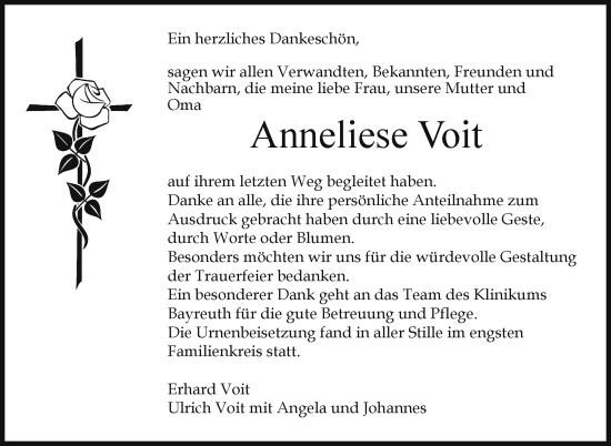 Anzeige von Anneliese Voit von Nordbayerischer Kurier