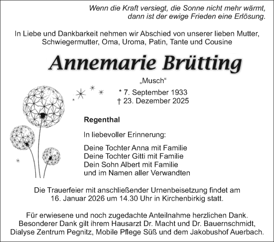 Anzeige von Annemarie Brütting von Nordbayerischer Kurier