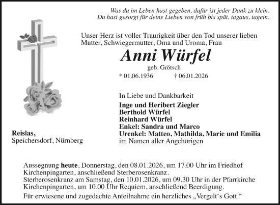 Anzeige von Anni Würfel von Nordbayerischer Kurier