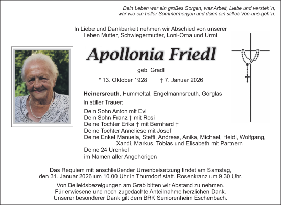 Anzeige von Apollonia Friedl von Nordbayerischer Kurier