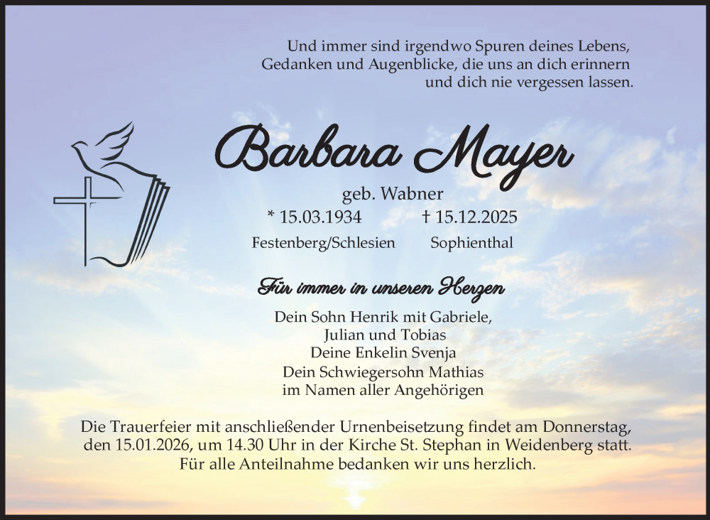  Traueranzeige für Barbara Mayer vom 10.01.2026 aus Nordbayerischer Kurier