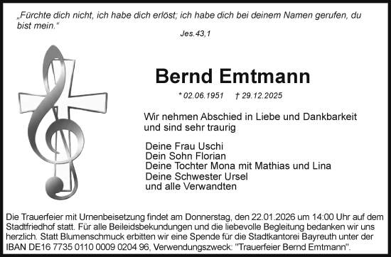 Anzeige von Bernd Emtmann von Nordbayerischer Kurier