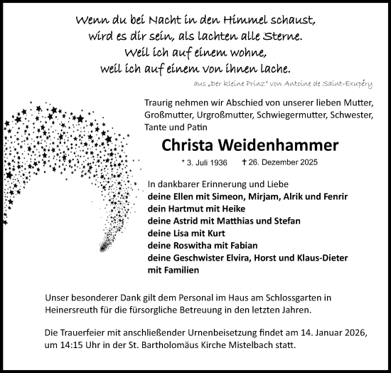 Anzeige von Christa Weidenhammer von Nordbayerischer Kurier