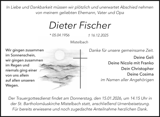 Anzeige von Dieter Fischer von Nordbayerischer Kurier