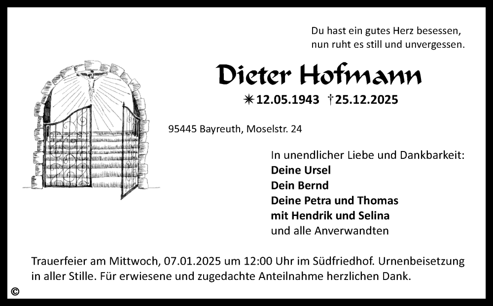  Traueranzeige für Dieter Hofmann vom 03.01.2026 aus Nordbayerischer Kurier
