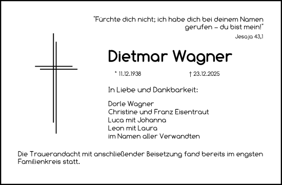 Anzeige von Dietmar Wagner von Nordbayerischer Kurier