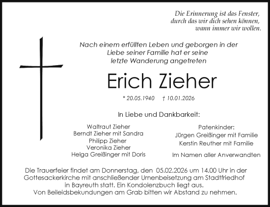 Anzeige von Erich Zieher von Nordbayerischer Kurier
