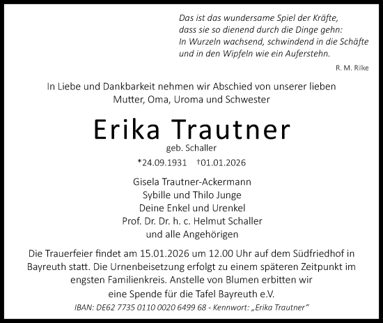 Anzeige von Erika Trautner von Nordbayerischer Kurier
