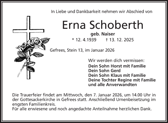 Anzeige von Erna Schobert von Nordbayerischer Kurier