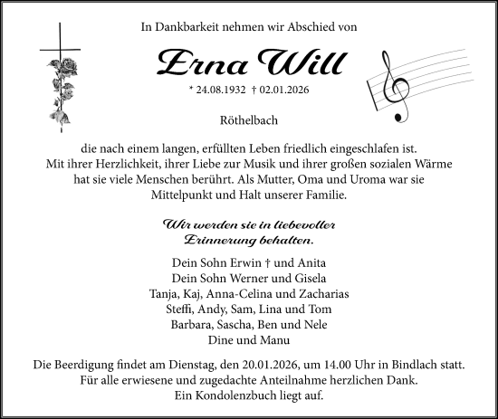 Anzeige von Erna Will von Nordbayerischer Kurier