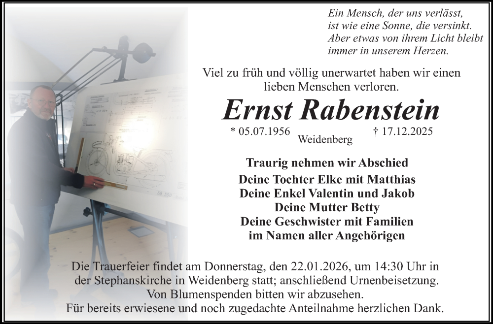  Traueranzeige für Ernst Rabenstein vom 17.01.2026 aus Nordbayerischer Kurier
