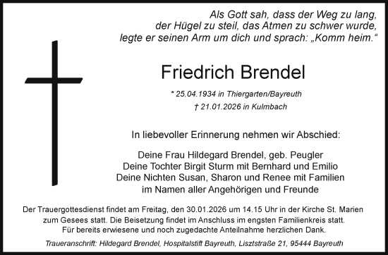 Anzeige von Friedrich Brendel von Nordbayerischer Kurier