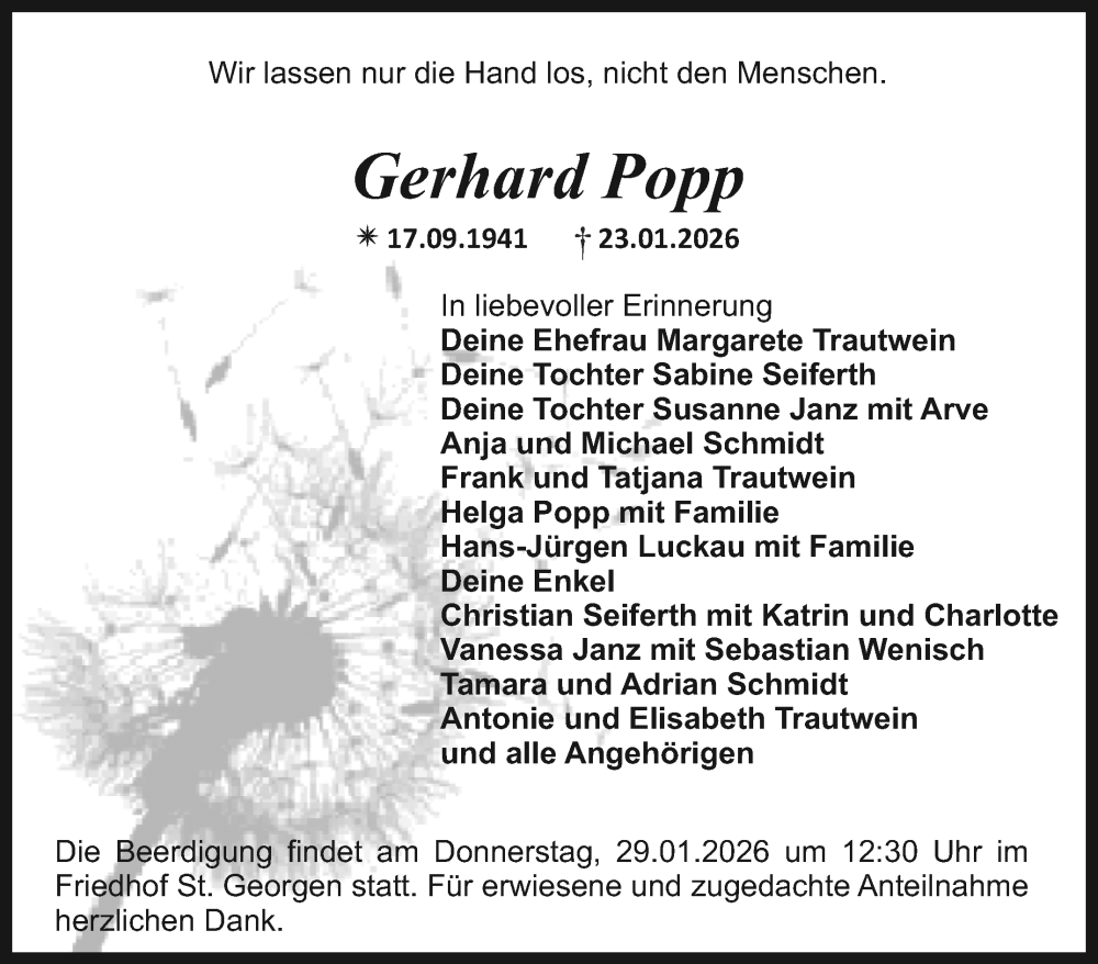  Traueranzeige für Gerhard Popp vom 28.01.2026 aus Nordbayerischer Kurier