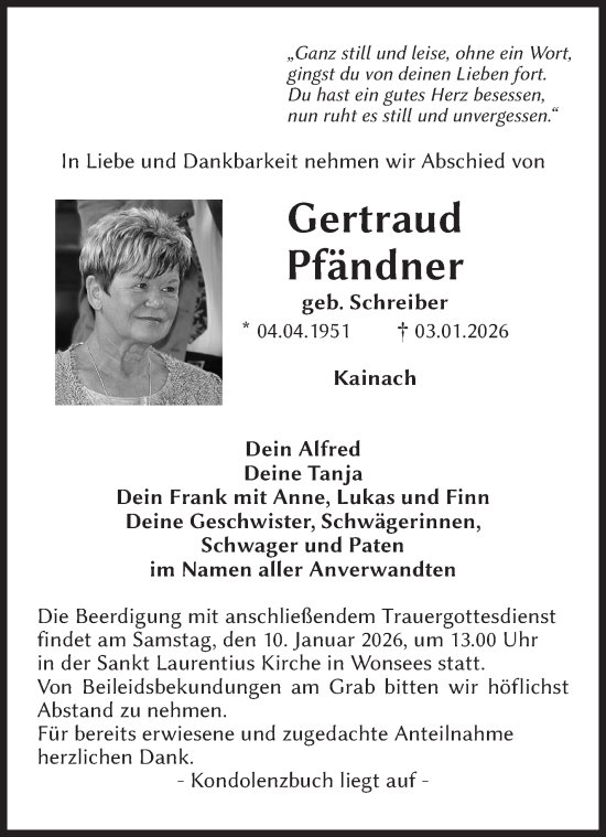 Anzeige von Gertraud Pfändner von Nordbayerischer Kurier