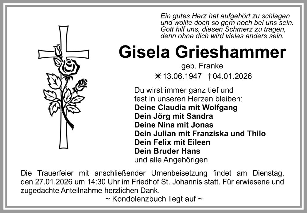  Traueranzeige für Gisela Grieshammer vom 17.01.2026 aus Nordbayerischer Kurier