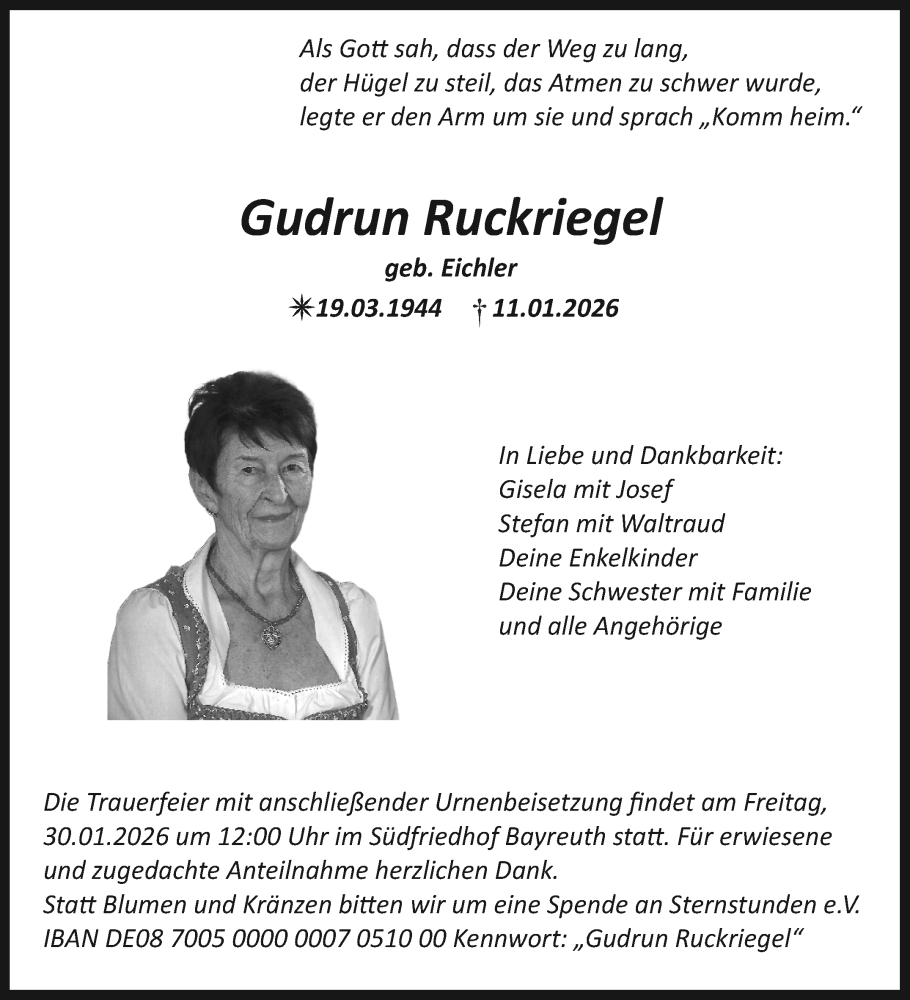  Traueranzeige für Gudrun Ruckriegel vom 24.01.2026 aus Nordbayerischer Kurier