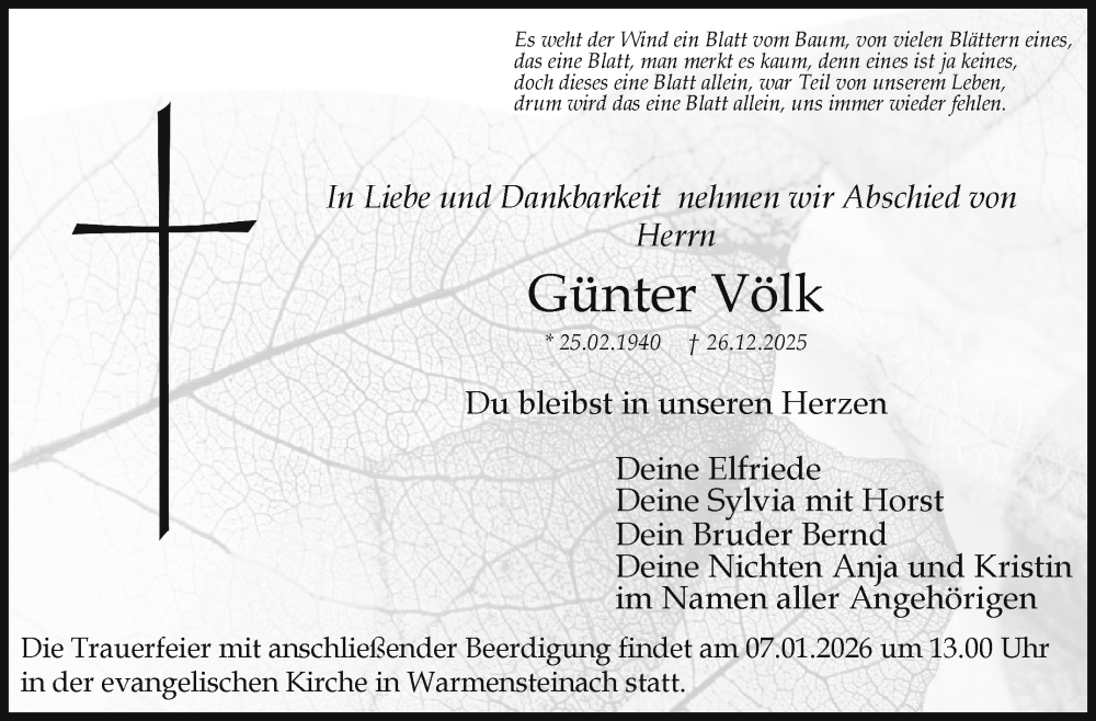  Traueranzeige für Günter Völk vom 03.01.2026 aus Nordbayerischer Kurier