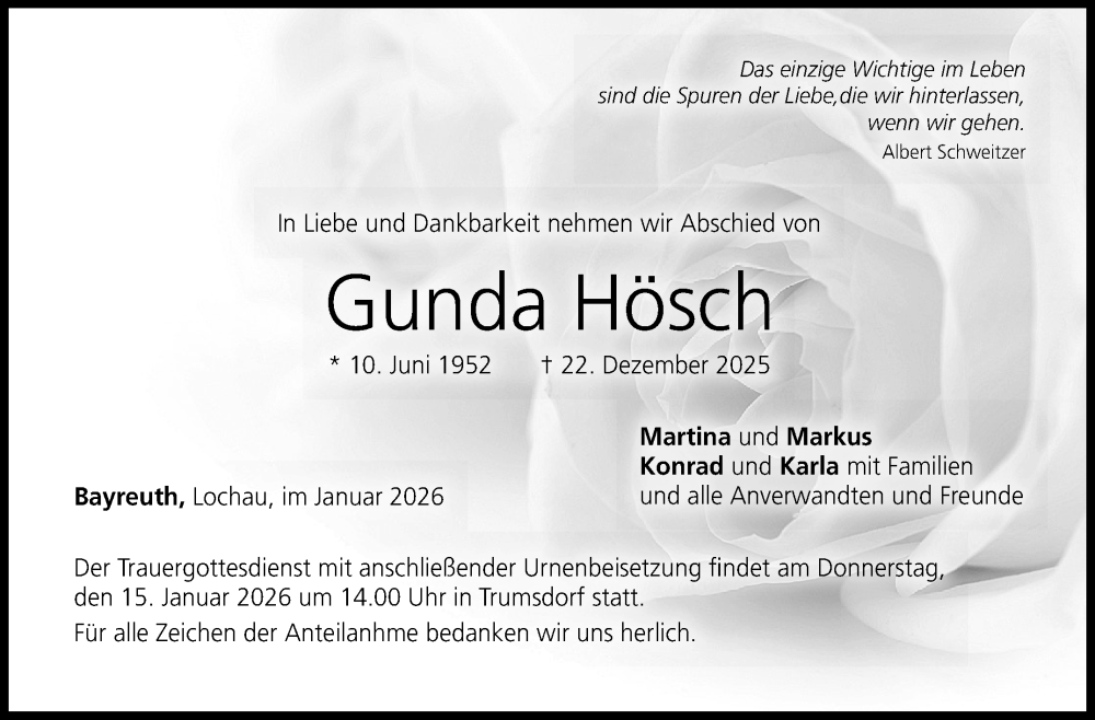  Traueranzeige für Gunda Hösch vom 10.01.2026 aus Nordbayerischer Kurier