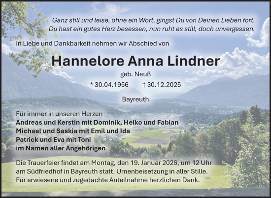Anzeige von Hannelore Anna Lindner von Nordbayerischer Kurier