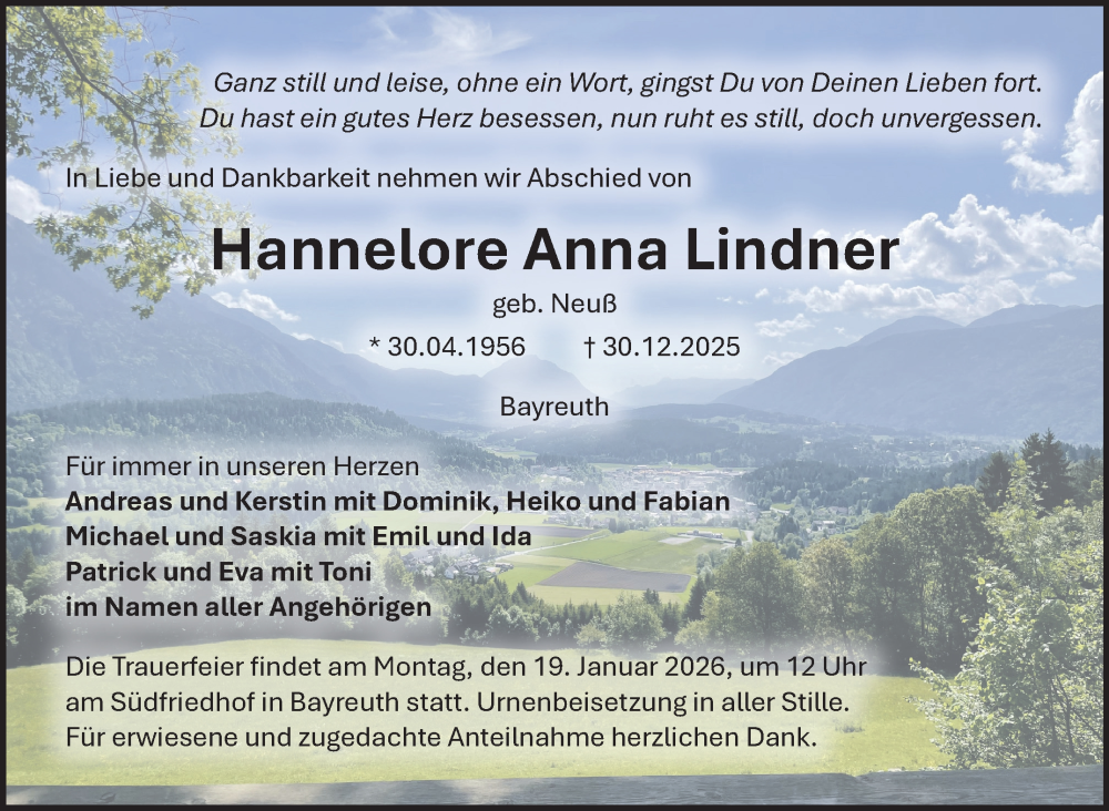  Traueranzeige für Hannelore Anna Lindner vom 10.01.2026 aus Nordbayerischer Kurier