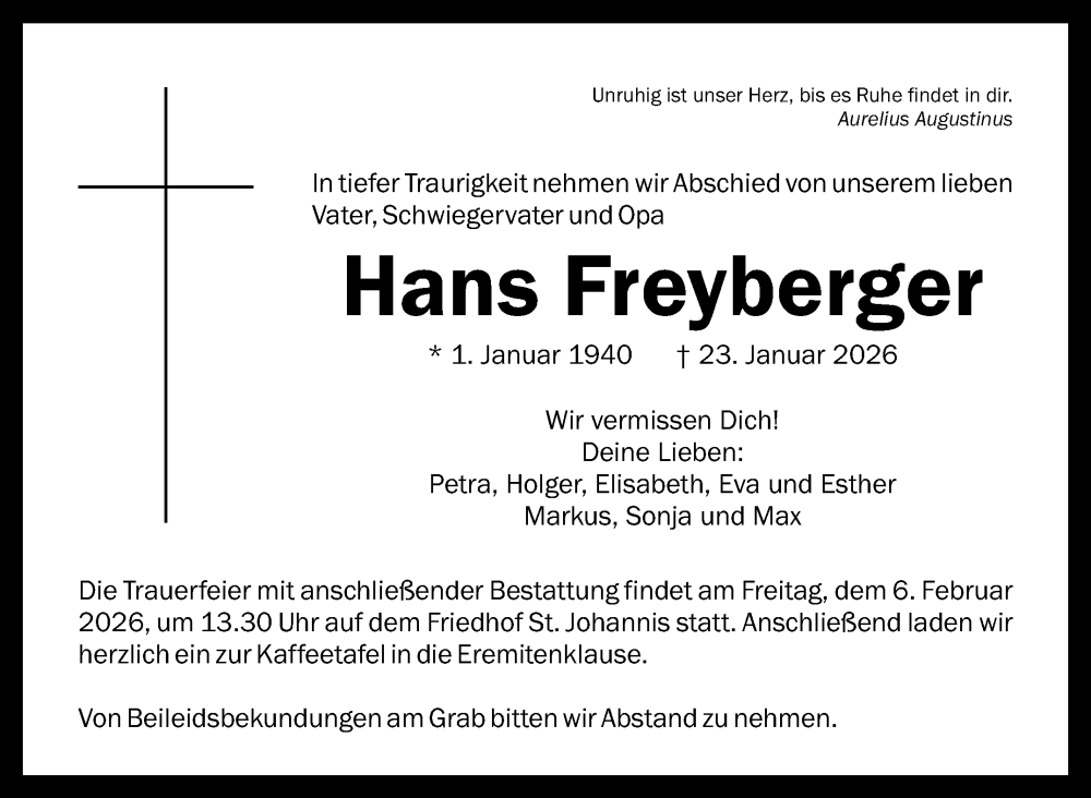  Traueranzeige für Hans Freyberger vom 31.01.2026 aus Nordbayerischer Kurier