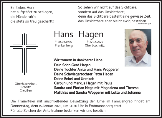 Anzeige von Hans Hagen von Nordbayerischer Kurier