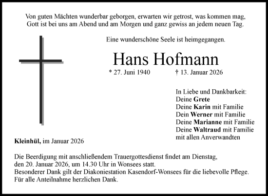Anzeige von Hans Hofmann von Nordbayerischer Kurier