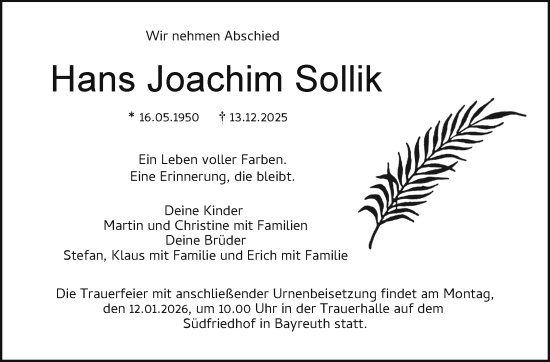 Anzeige von Hans Joachim Sollik von Nordbayerischer Kurier