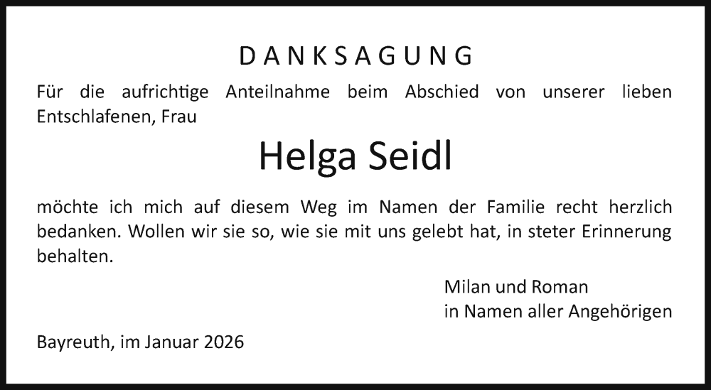  Traueranzeige für Helga Seidl vom 31.01.2026 aus Nordbayerischer Kurier