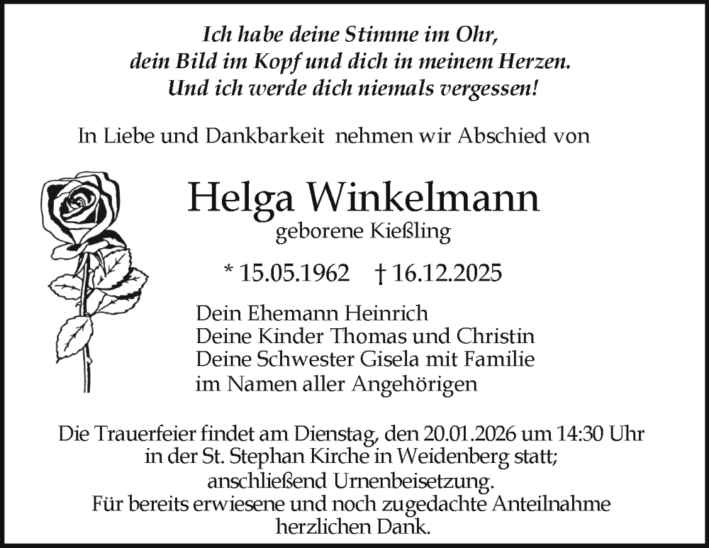  Traueranzeige für Helga Winkelmann vom 17.01.2026 aus Nordbayerischer Kurier