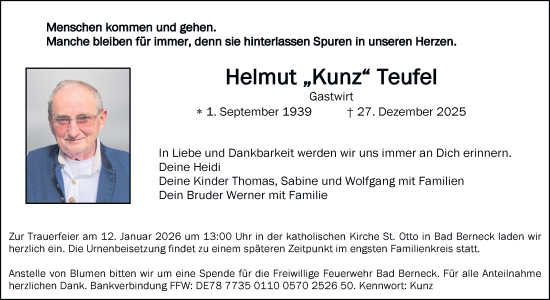 Anzeige von Helmut Teufel von Nordbayerischer Kurier