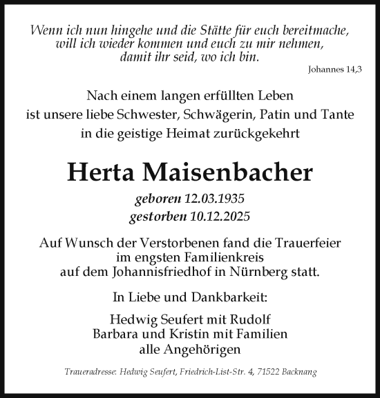 Anzeige von Herta Maisenbacher von Nordbayerischer Kurier